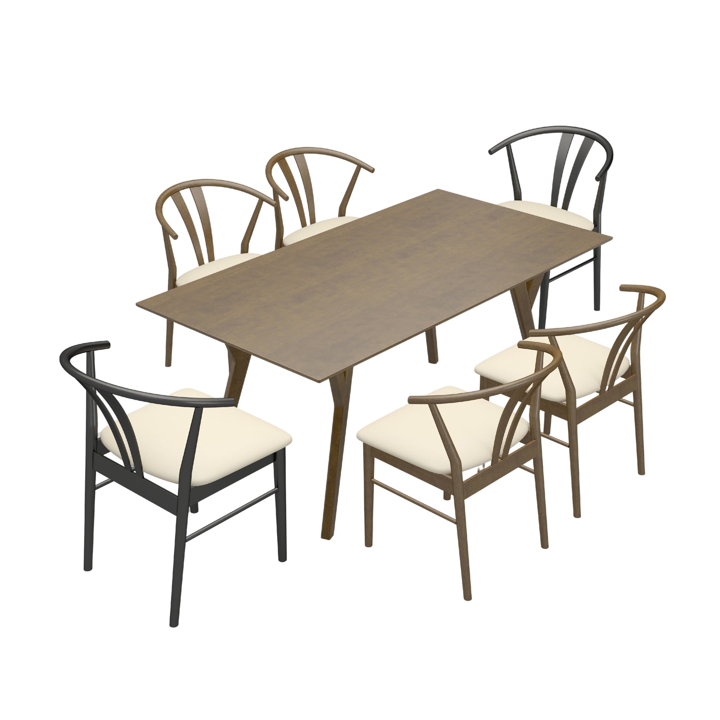 Roundhill Furniture Lavin Modern 7-Piece Dining Set, Wood Dining Table with 6 Wishbone Chairs