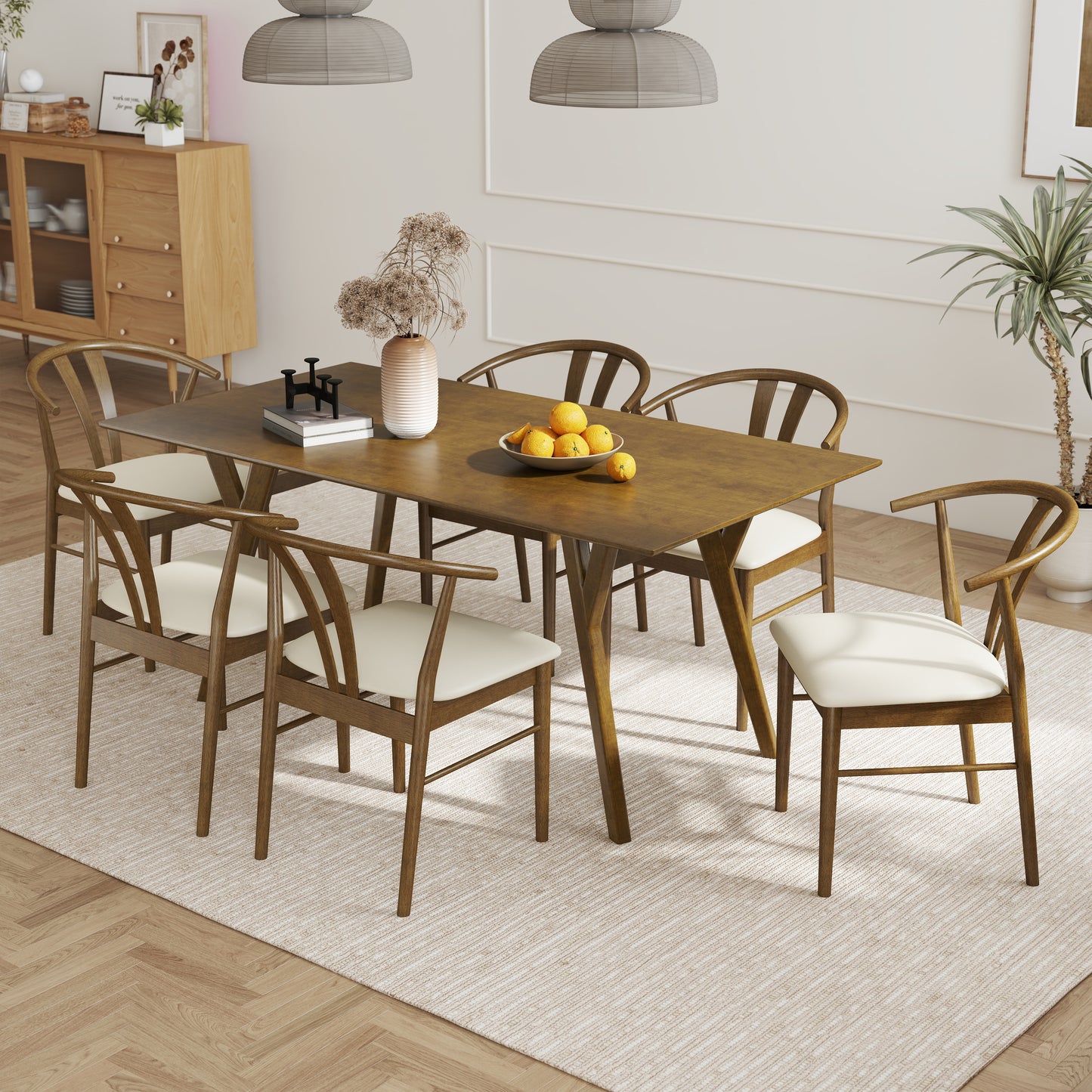 Roundhill Furniture Lavin Modern 7-Piece Dining Set, Walnut Finished Dining Table with 6 Wishbone Chairs