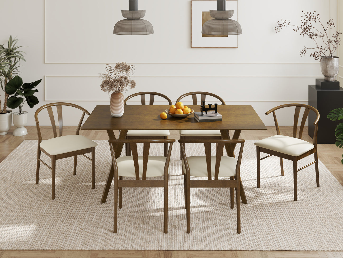 Roundhill Furniture Lavin Modern 7-Piece Dining Set, Walnut Finished Dining Table with 6 Wishbone Chairs
