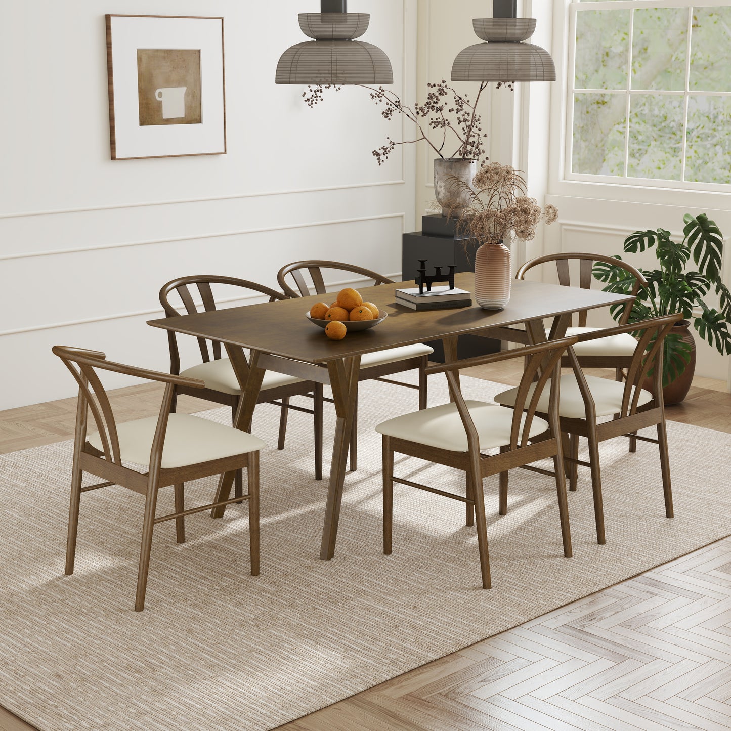 Roundhill Furniture Lavin Modern 7-Piece Dining Set, Walnut Finished Dining Table with 6 Wishbone Chairs