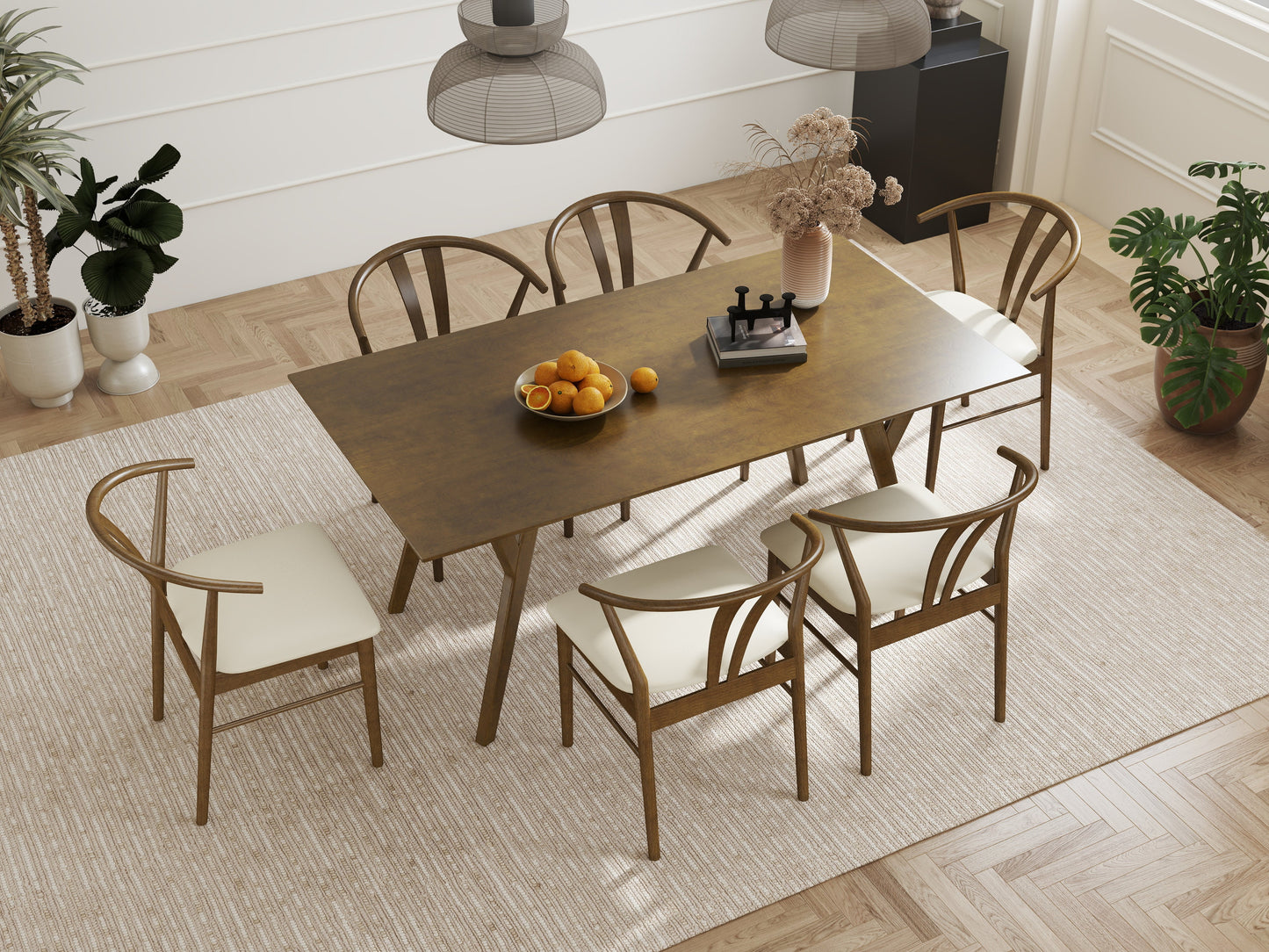 Roundhill Furniture Lavin Modern 7-Piece Dining Set, Walnut Finished Dining Table with 6 Wishbone Chairs