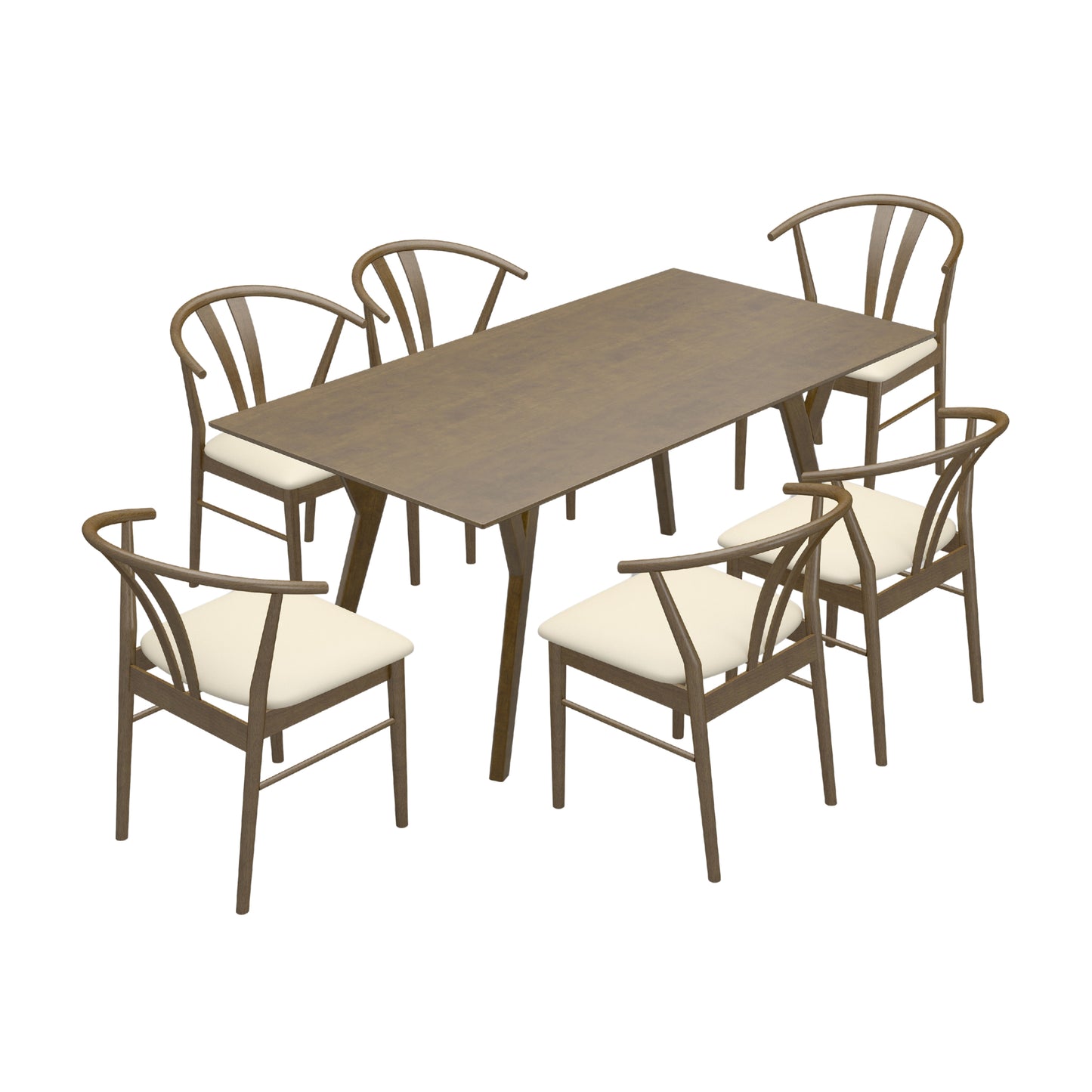 Roundhill Furniture Lavin Modern 7-Piece Dining Set, Walnut Finished Dining Table with 6 Wishbone Chairs