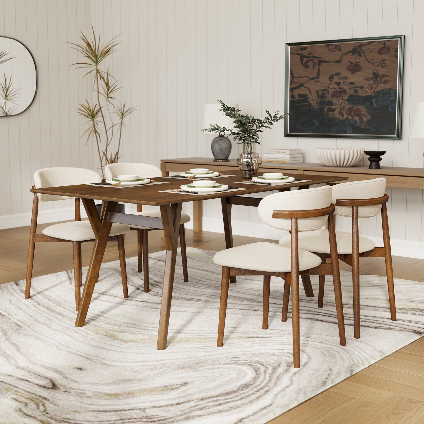 Roundhill Furniture Lavin 5-Piece Dining Set, Contemporary Dining Table with 4 Stylish Chairs, Walnut Finish