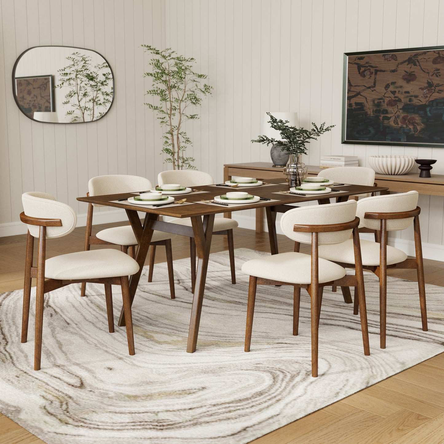Roundhill Furniture Lavin 7-Piece Dining Set, Contemporary Dining Table with 6 Stylish Chairs, Walnut Finish