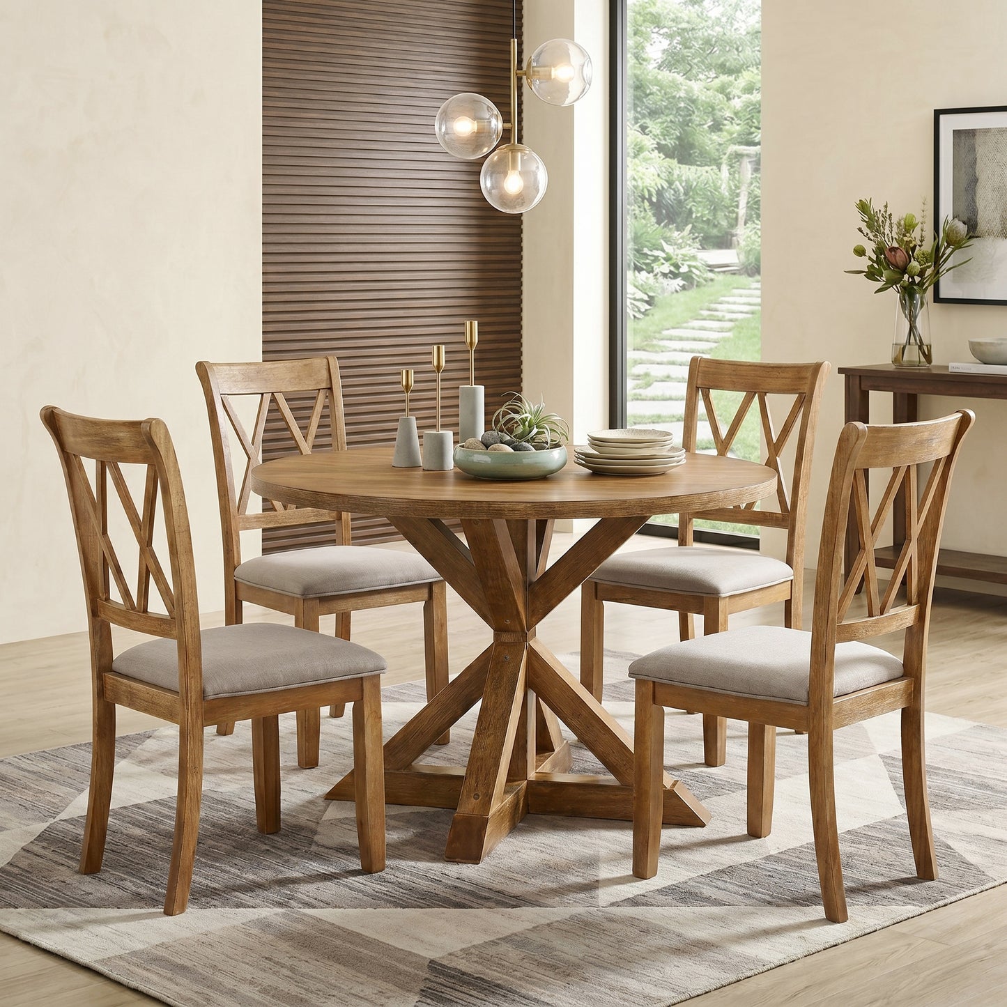 Windvale 5-Piece Dining Set, Cross-Buck Round Table with 4 Stylish Chairs