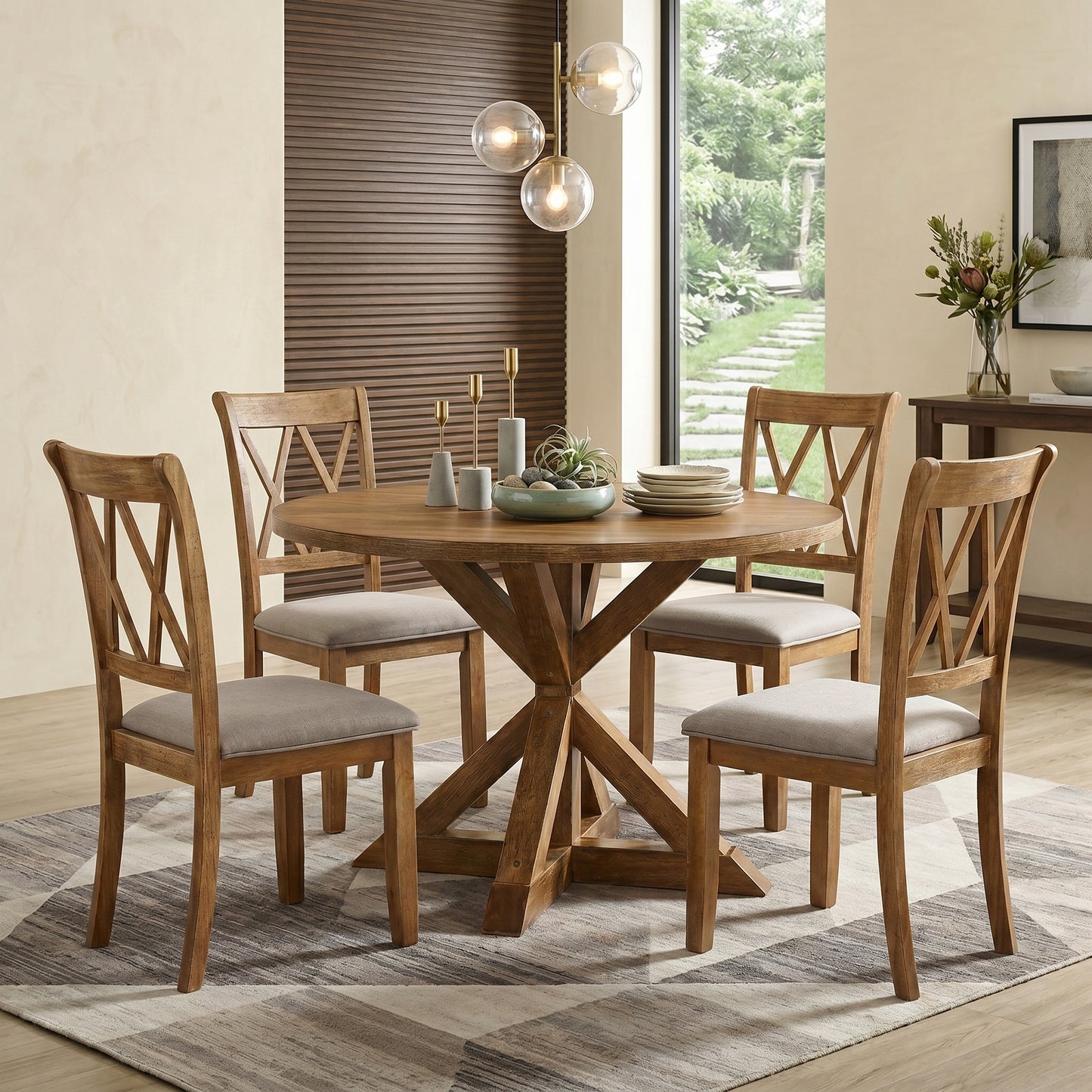 Windvale 5-Piece Dining Set, Cross-Buck Round Table with 4 Stylish Chairs