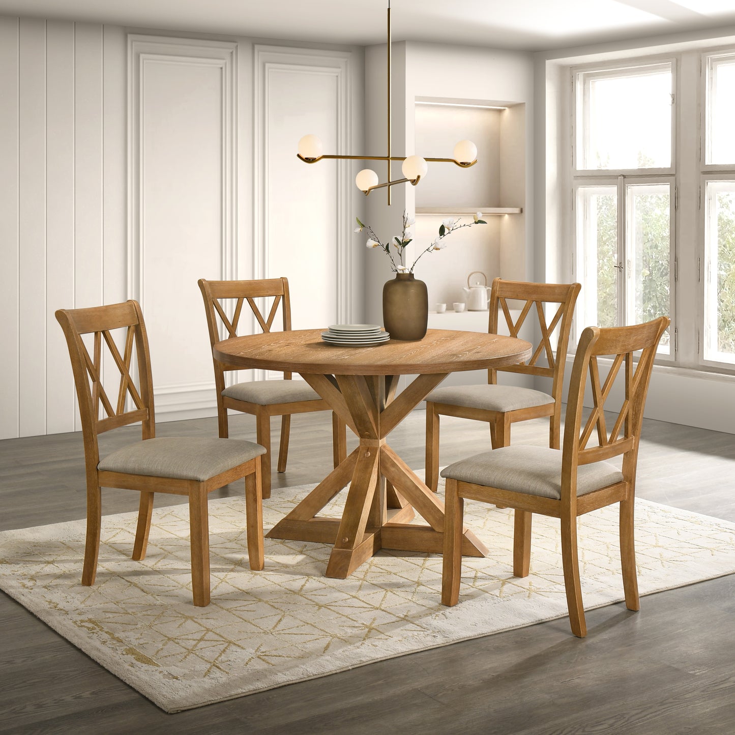 Windvale 5-Piece Dining Set, Cross-Buck Round Table with 4 Stylish Chairs
