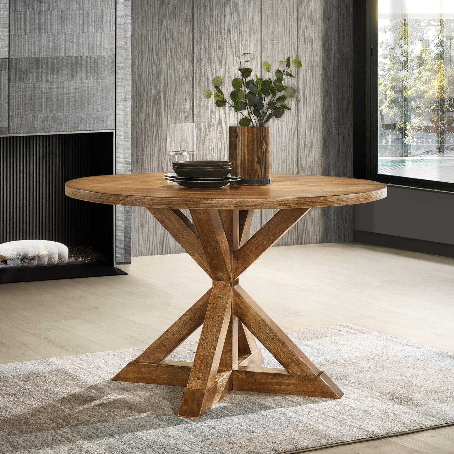 Windvale 5-Piece Dining Set, Cross-Buck Round Table with 4 Stylish Chairs