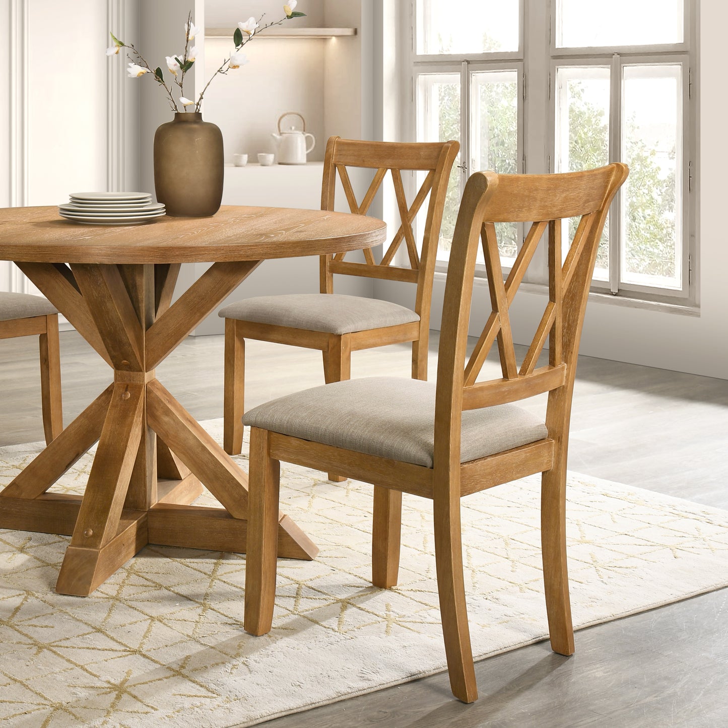 Windvale 5-Piece Dining Set, Cross-Buck Round Table with 4 Stylish Chairs
