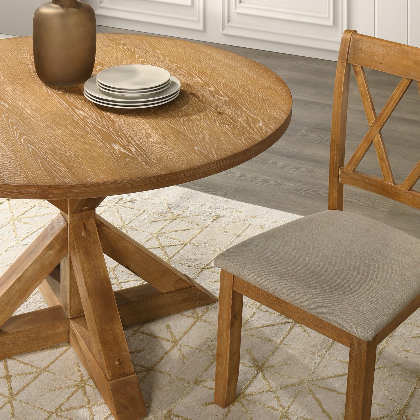 Windvale 5-Piece Dining Set, Cross-Buck Round Table with 4 Stylish Chairs