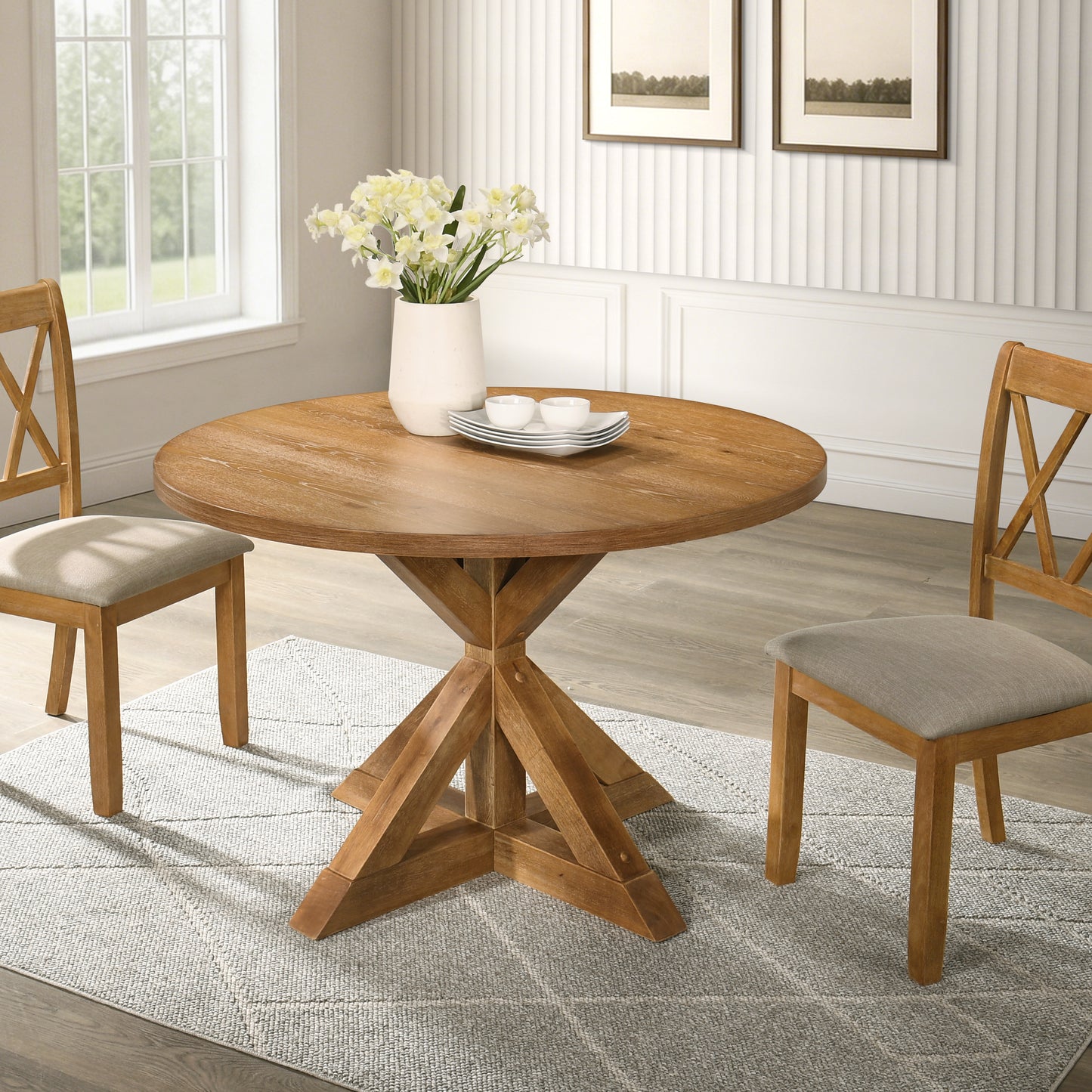 Windvale 5-Piece Dining Set, Cross-Buck Round Table with 4 Stylish Chairs