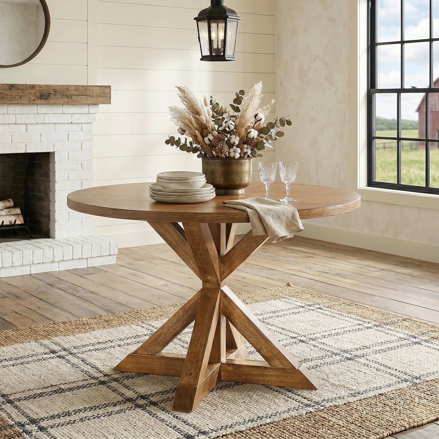 Windvale 5-Piece Dining Set, Cross-Buck Round Table with 4 Stylish Chairs