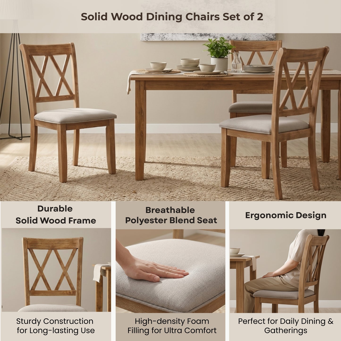 Windvale 5-Piece Dining Set, Cross-Buck Round Table with 4 Stylish Chairs
