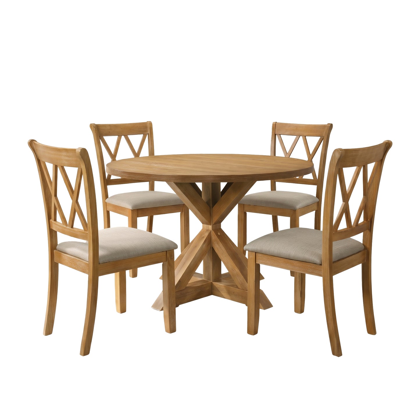 Windvale 5-Piece Dining Set, Cross-Buck Round Table with 4 Stylish Chairs