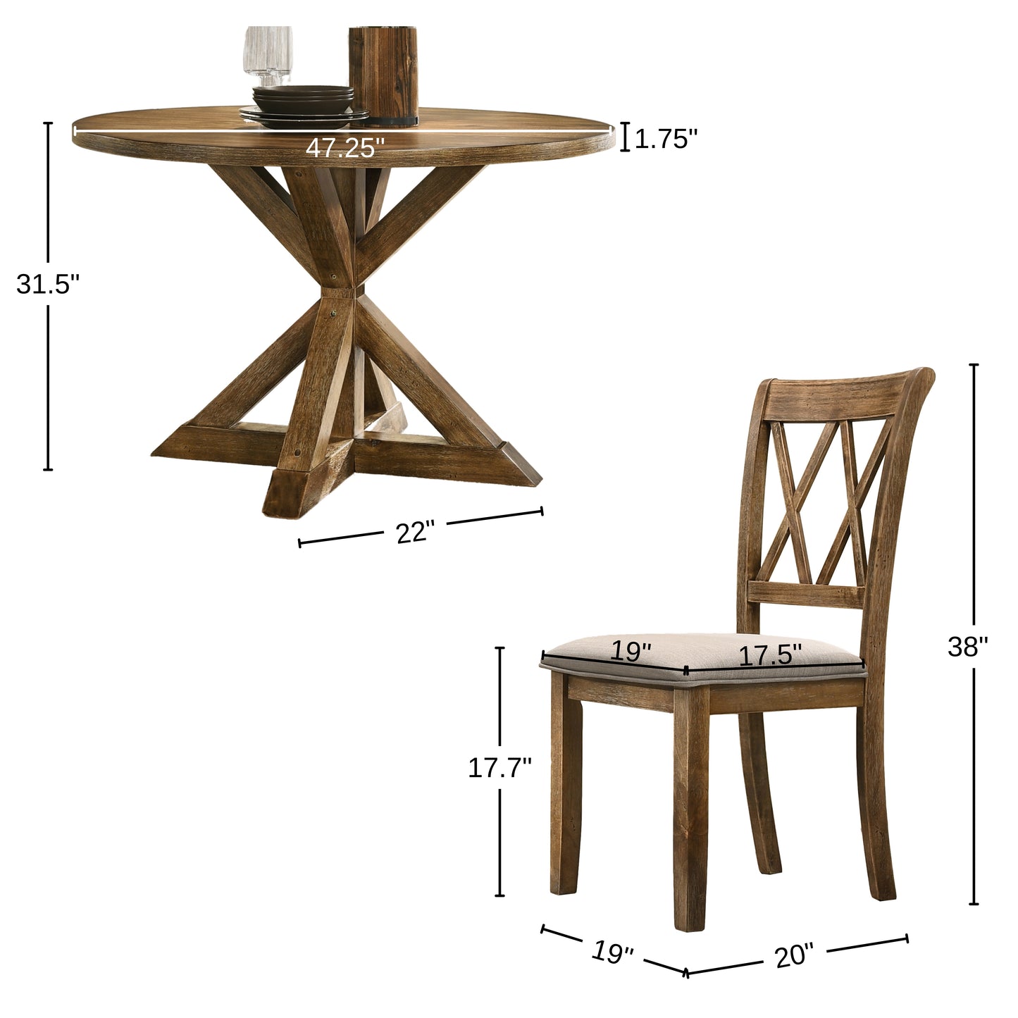 Windvale 5-Piece Dining Set, Cross-Buck Round Table with 4 Stylish Chairs