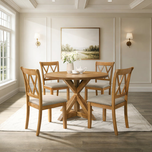 Windvale 5-Piece Dining Set, Cross-Buck Round Table with 4 Stylish Chairs