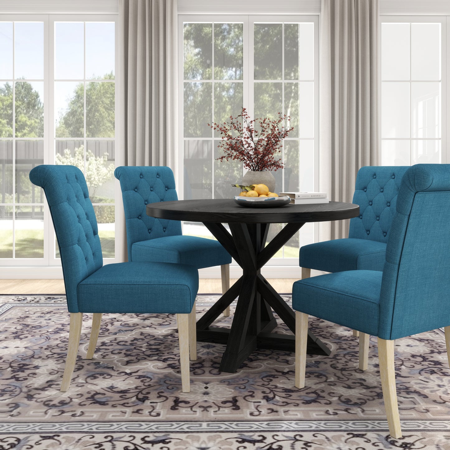 Banff 5-piece Dining Set, Cross-Buck Round Table with 4 Tufted Chairs