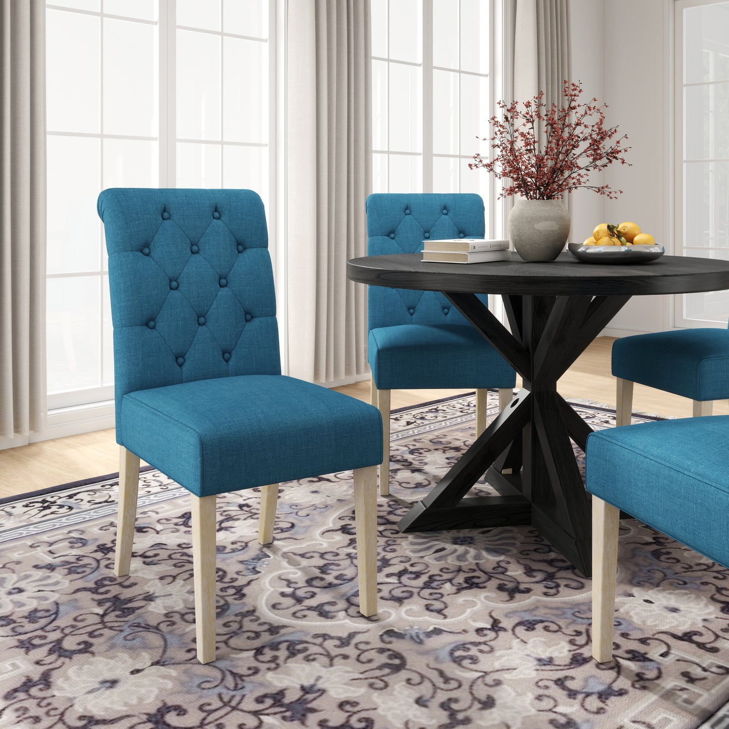 Banff 5-piece Dining Set, Cross-Buck Round Table with 4 Tufted Chairs