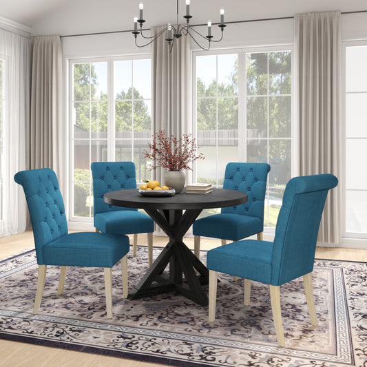 Banff 5-piece Dining Set, Cross-Buck Round Table with 4 Tufted Chairs