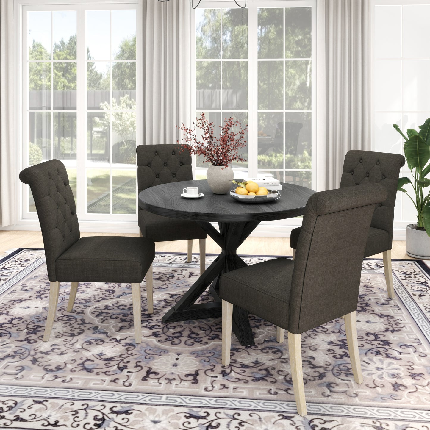 Banff 5-piece Dining Set, Cross-Buck Round Table with 4 Tufted Chairs