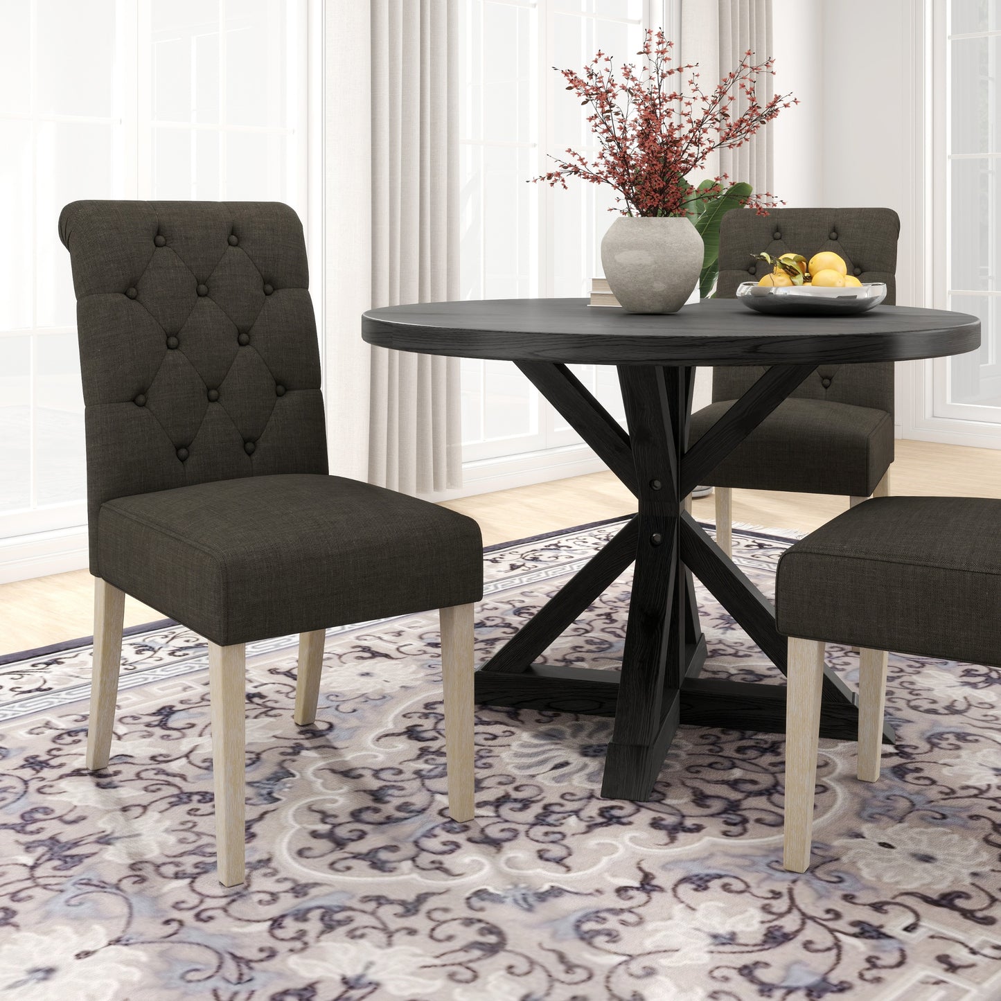 Banff 5-piece Dining Set, Cross-Buck Round Table with 4 Tufted Chairs