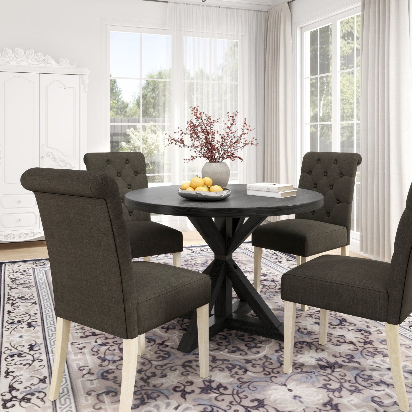 Banff 5-piece Dining Set, Cross-Buck Round Table with 4 Tufted Chairs