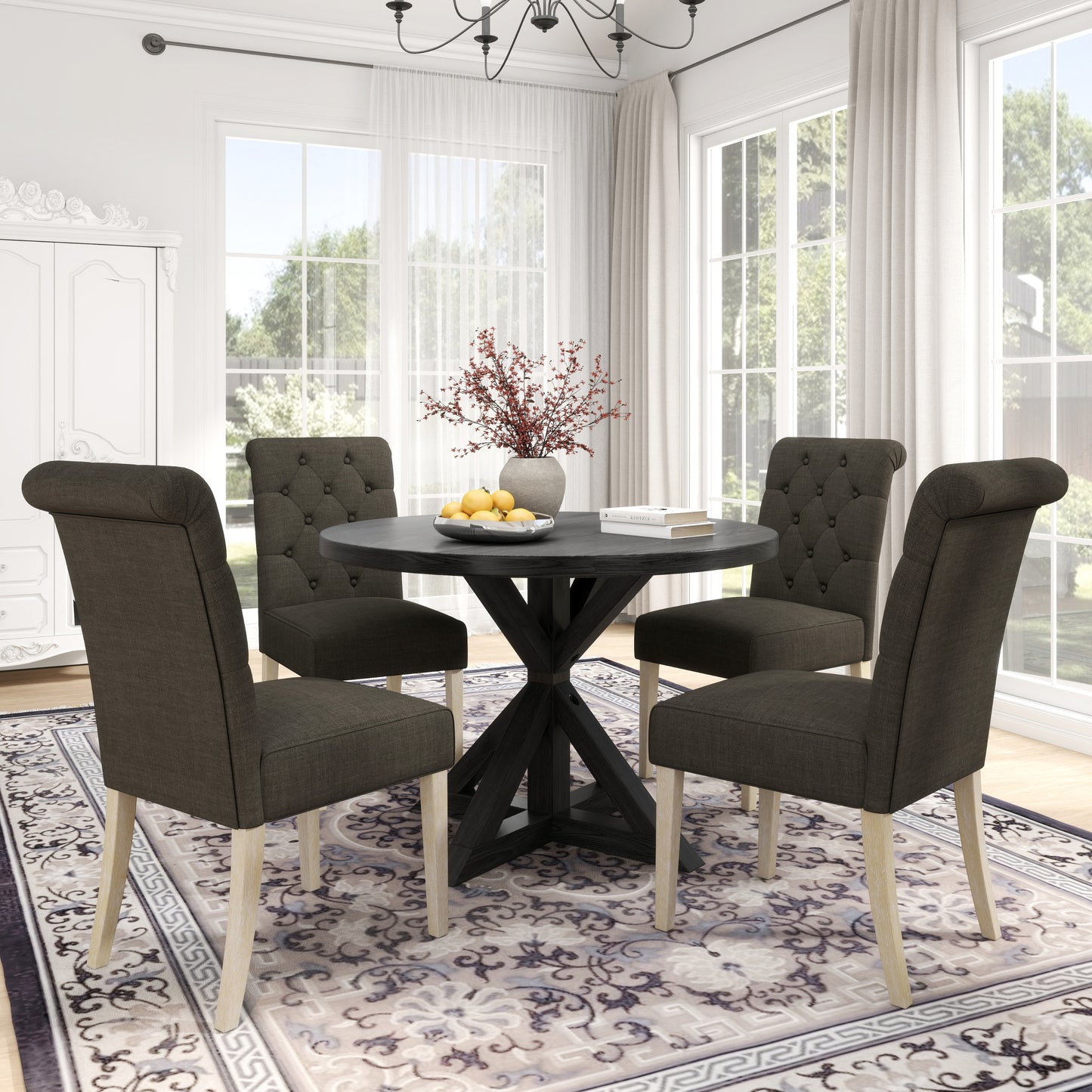 Banff 5-piece Dining Set, Cross-Buck Round Table with 4 Tufted Chairs