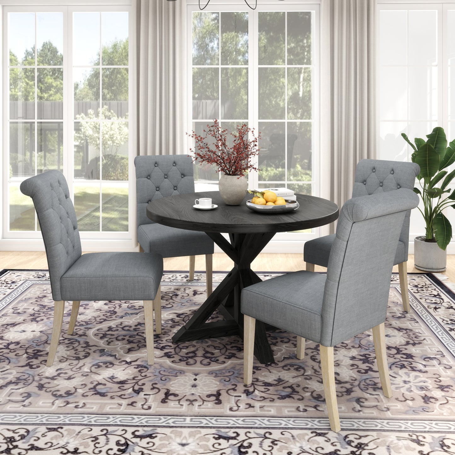 Banff 5-piece Dining Set, Cross-Buck Round Table with 4 Tufted Chairs