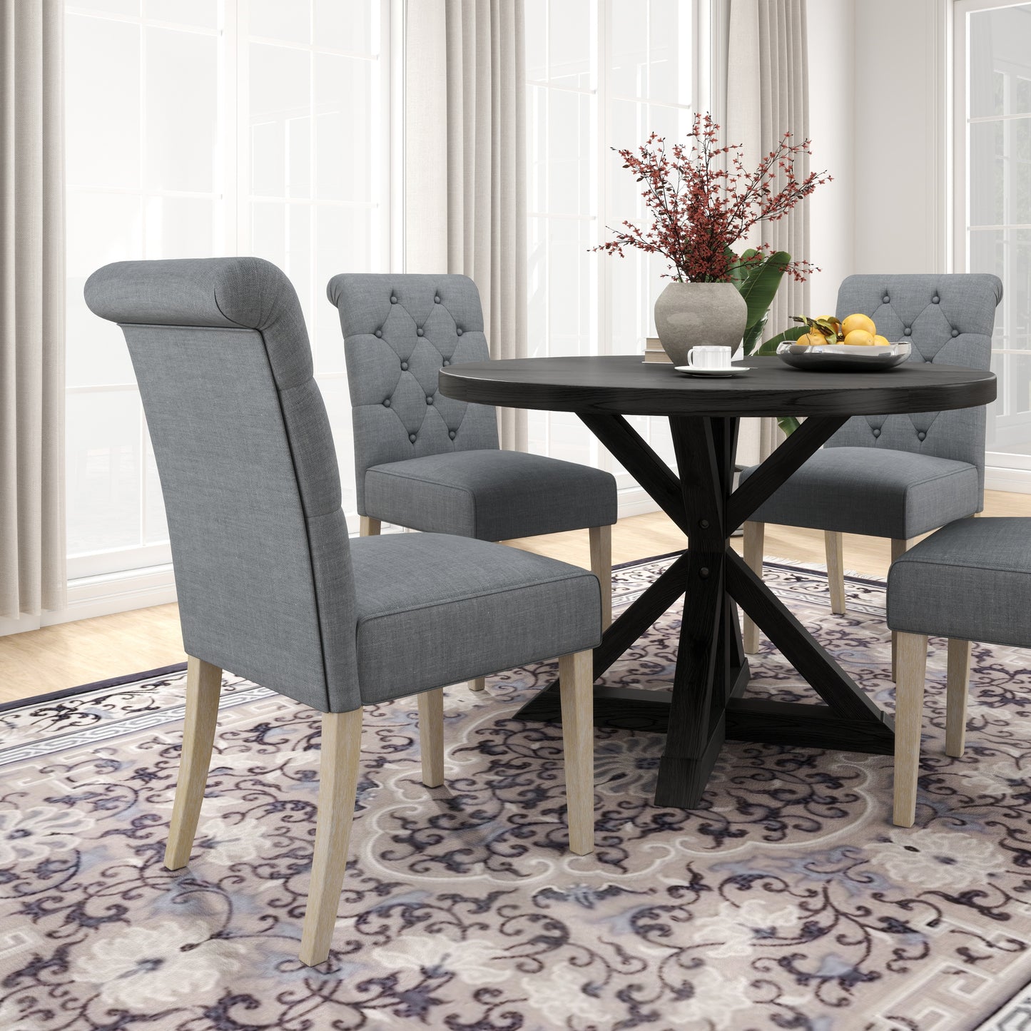 Banff 5-piece Dining Set, Cross-Buck Round Table with 4 Tufted Chairs