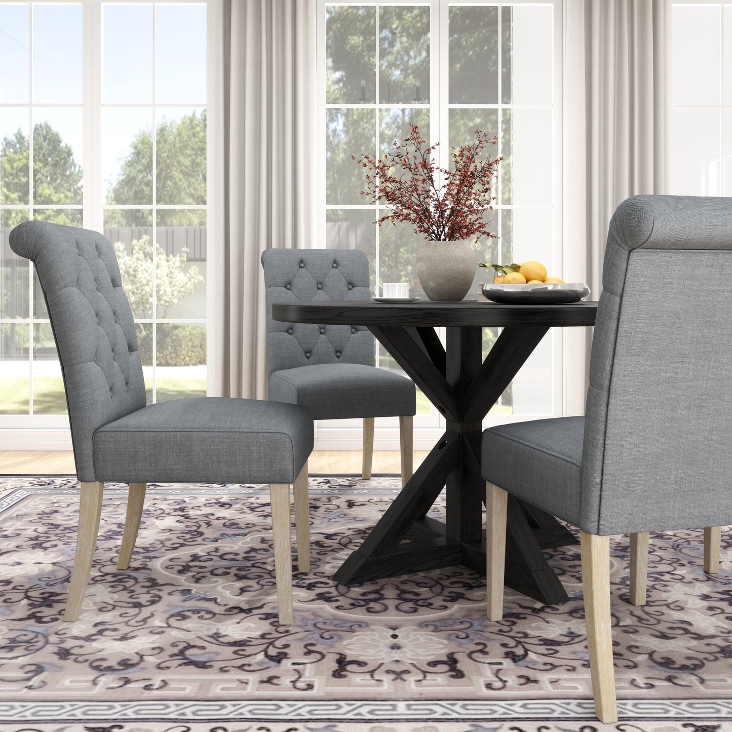 Banff 5-piece Dining Set, Cross-Buck Round Table with 4 Tufted Chairs