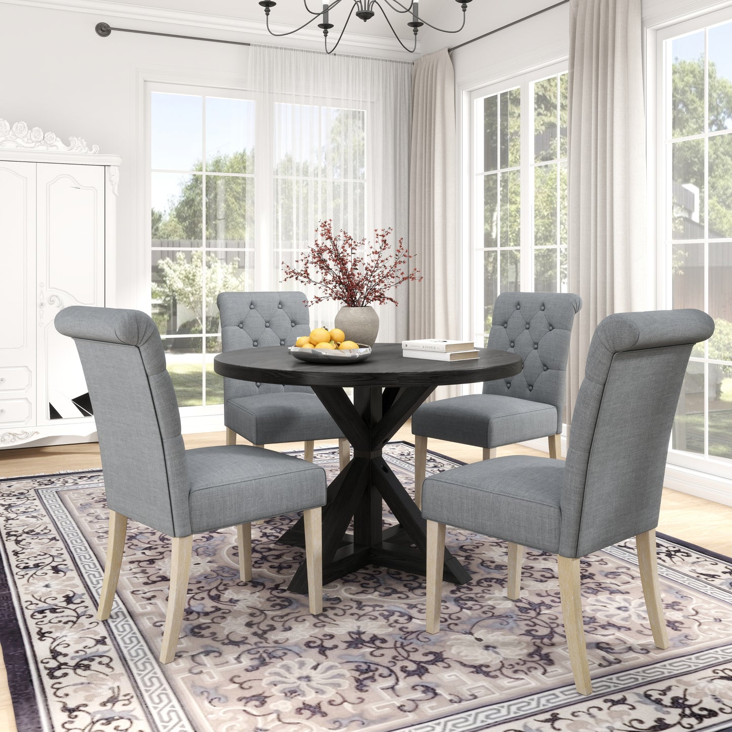 Banff 5-piece Dining Set, Cross-Buck Round Table with 4 Tufted Chairs