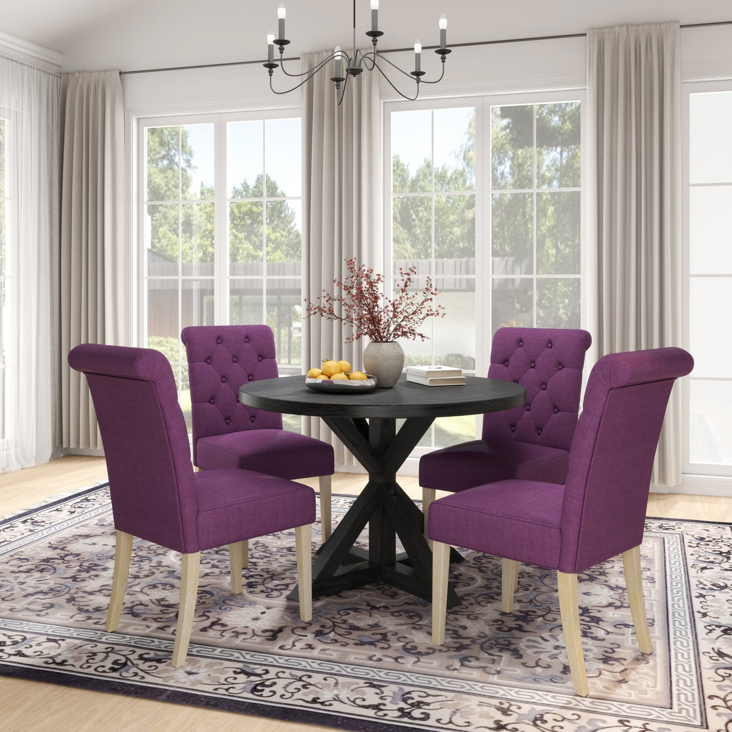 Banff 5-piece Dining Set, Cross-Buck Round Table with 4 Tufted Chairs