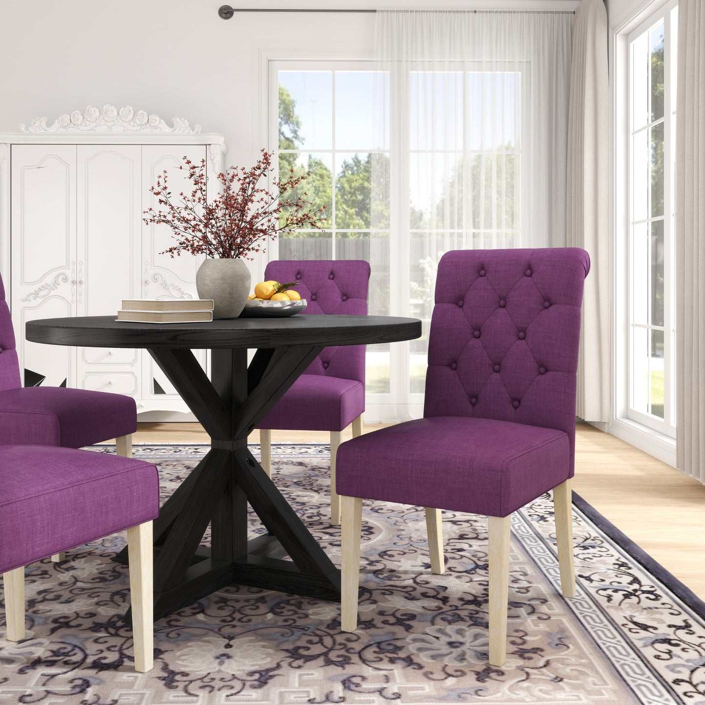 Banff 5-piece Dining Set, Cross-Buck Round Table with 4 Tufted Chairs