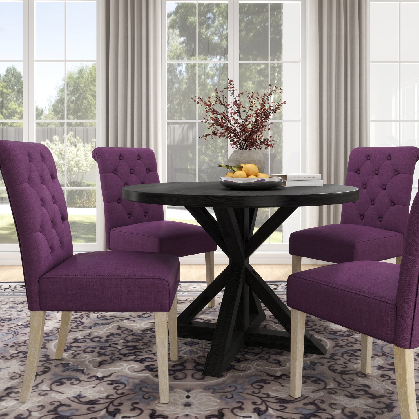 Banff 5-piece Dining Set, Cross-Buck Round Table with 4 Tufted Chairs