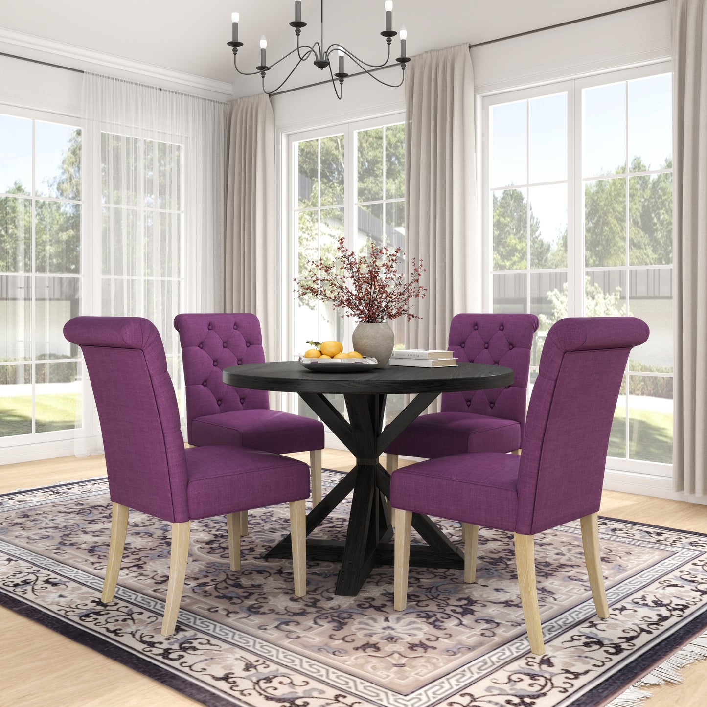 Banff 5-piece Dining Set, Cross-Buck Round Table with 4 Tufted Chairs