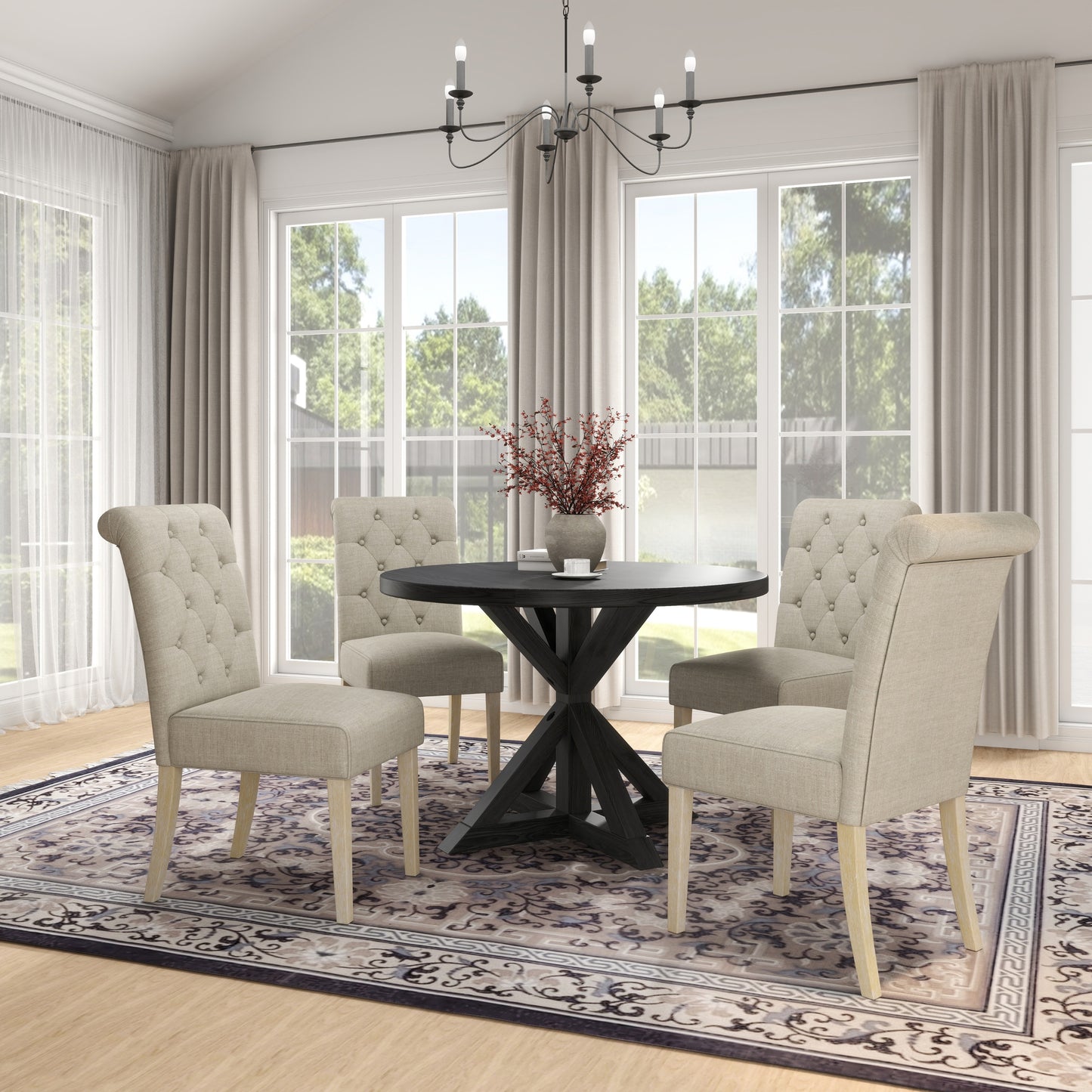 Banff 5-piece Dining Set, Cross-Buck Round Table with 4 Tufted Chairs