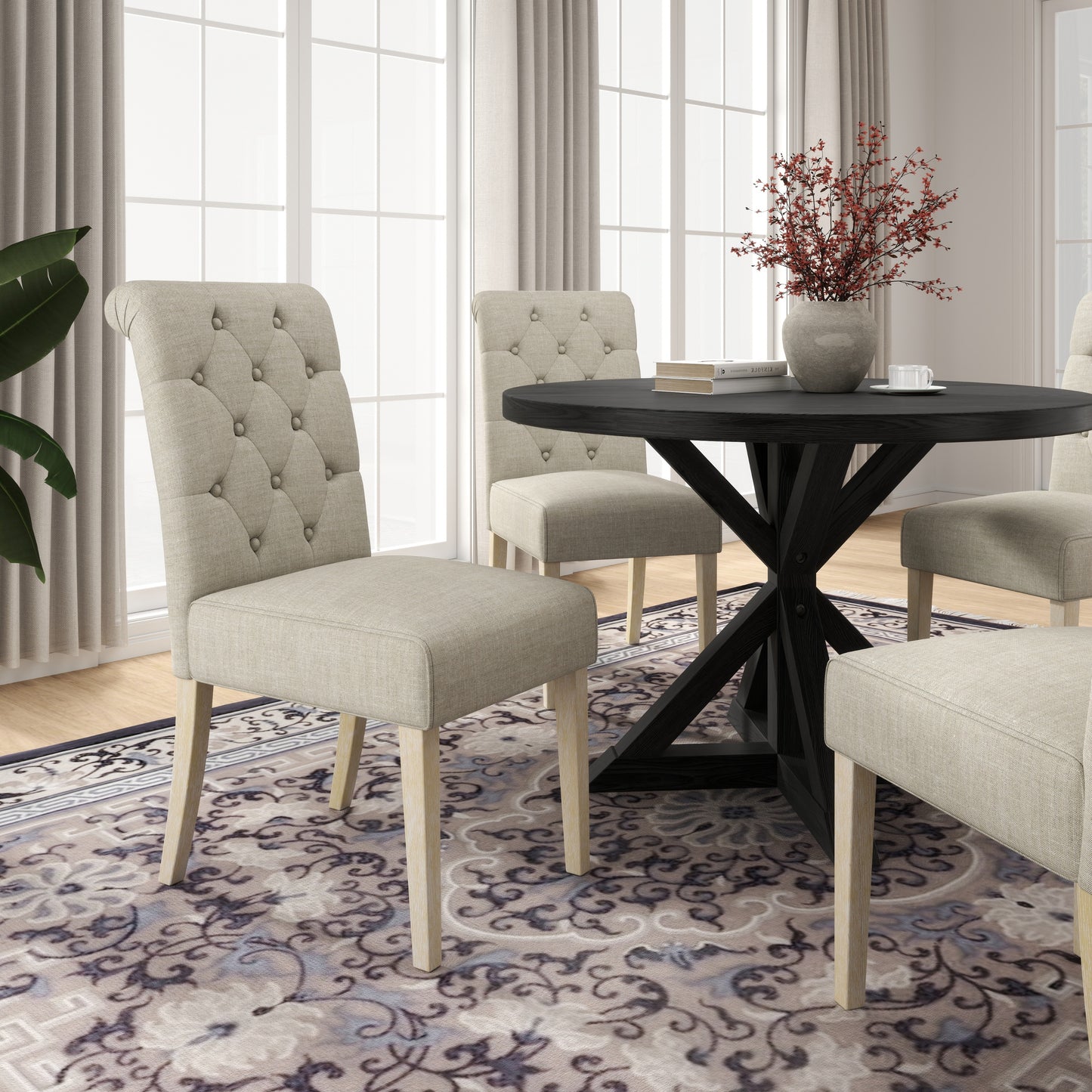 Banff 5-piece Dining Set, Cross-Buck Round Table with 4 Tufted Chairs