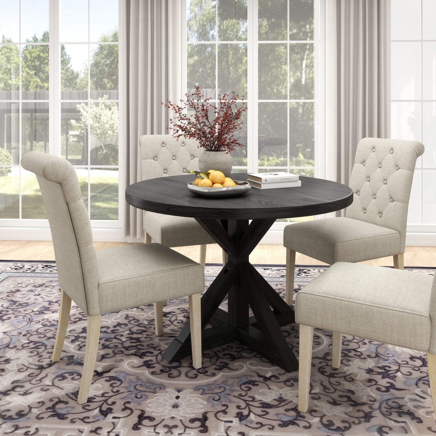 Banff 5-piece Dining Set, Cross-Buck Round Table with 4 Tufted Chairs