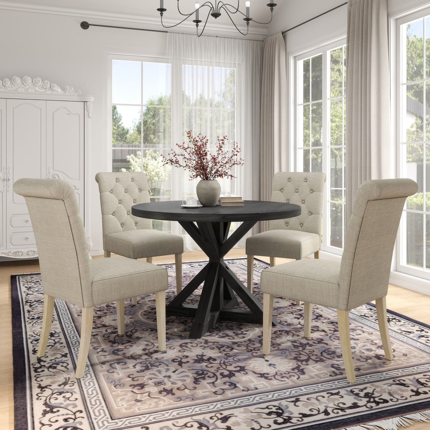 Banff 5-piece Dining Set, Cross-Buck Round Table with 4 Tufted Chairs