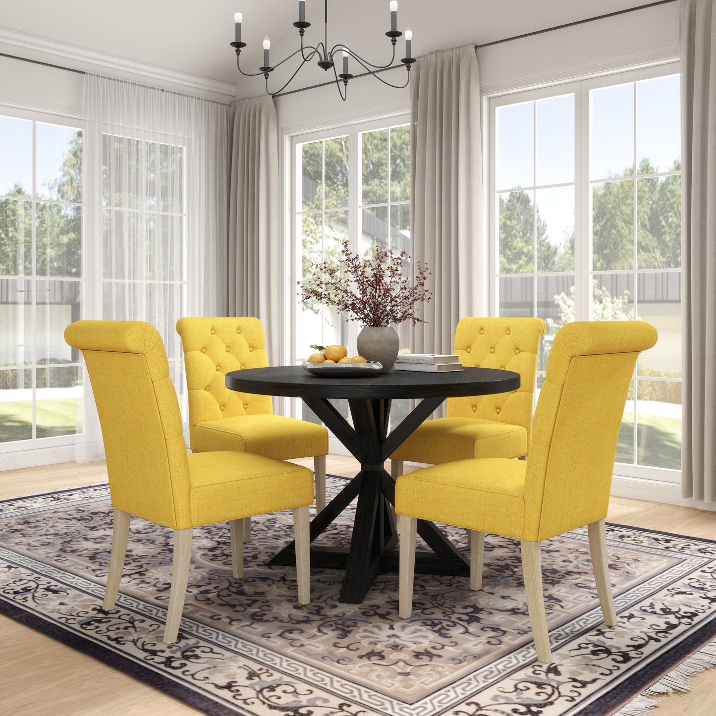 Banff 5-piece Dining Set, Cross-Buck Round Table with 4 Tufted Chairs