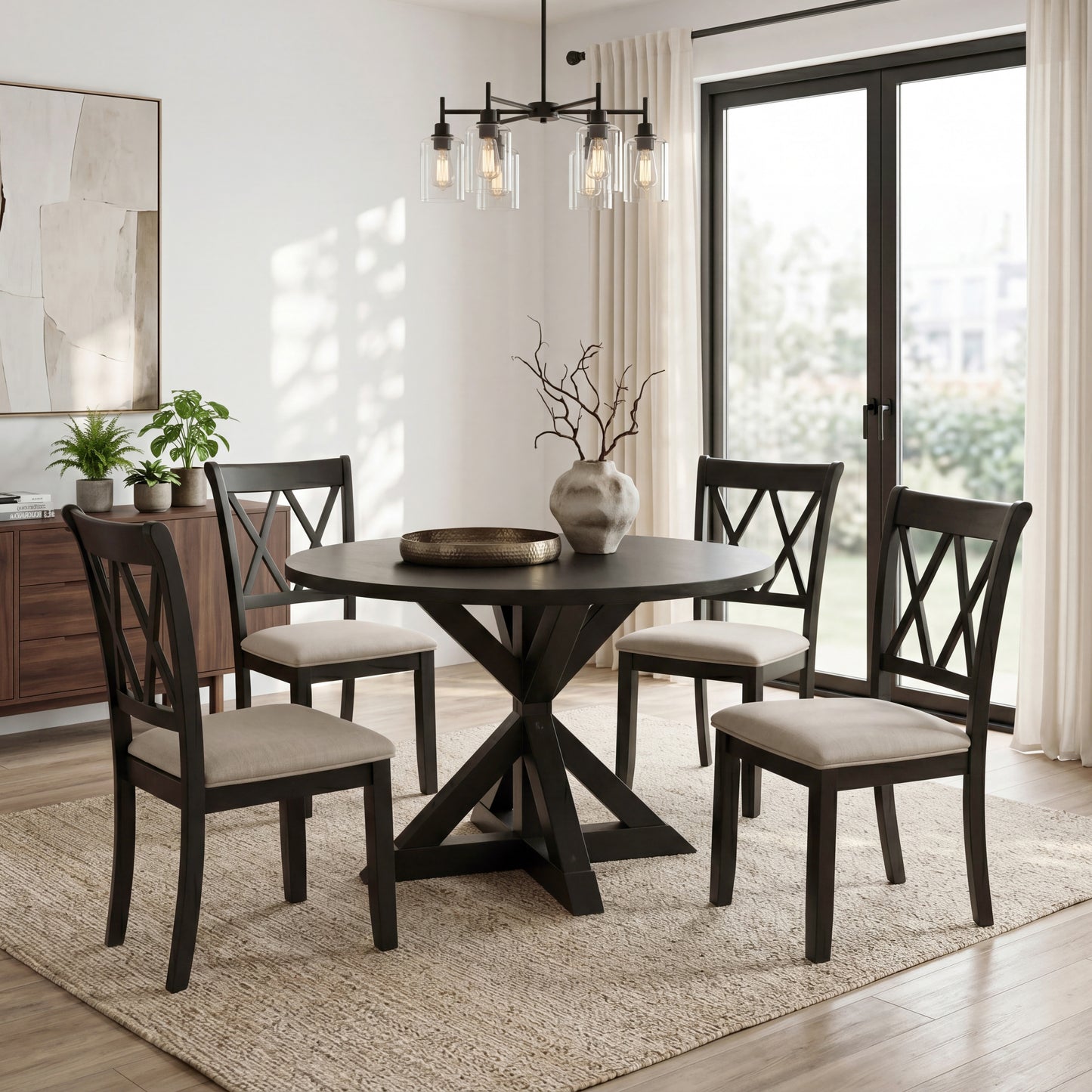 Windvale 5-Piece Dining Set, Cross-Buck Round Table with 4 Stylish Chairs