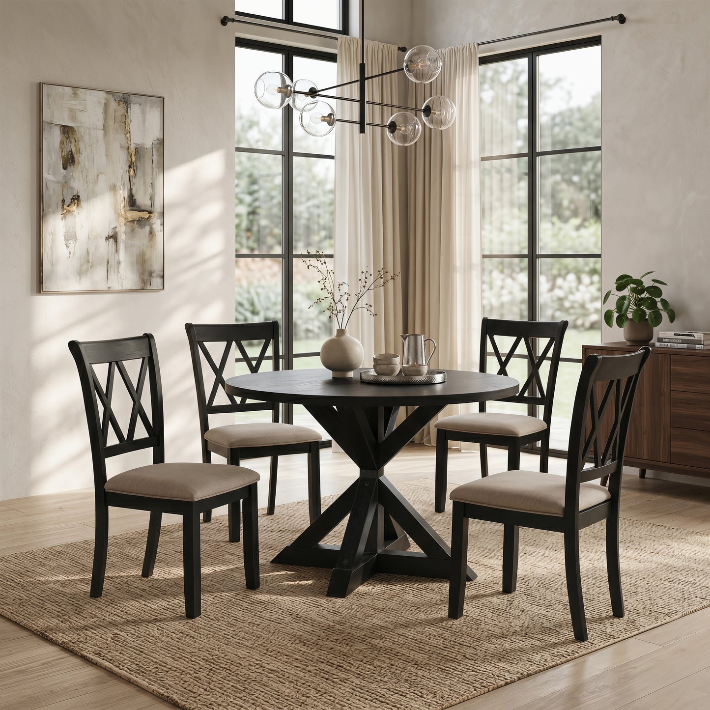 Windvale 5-Piece Dining Set, Cross-Buck Round Table with 4 Stylish Chairs