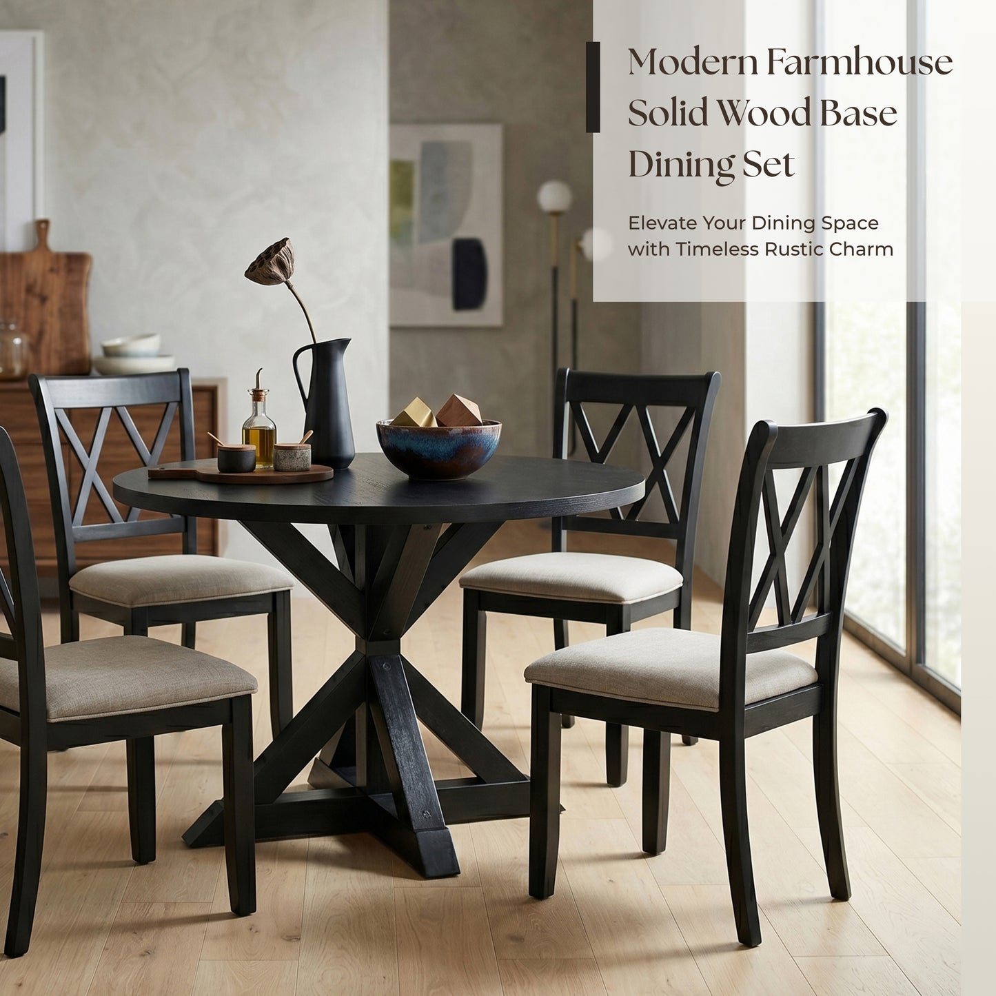 Windvale 5-Piece Dining Set, Cross-Buck Round Table with 4 Stylish Chairs