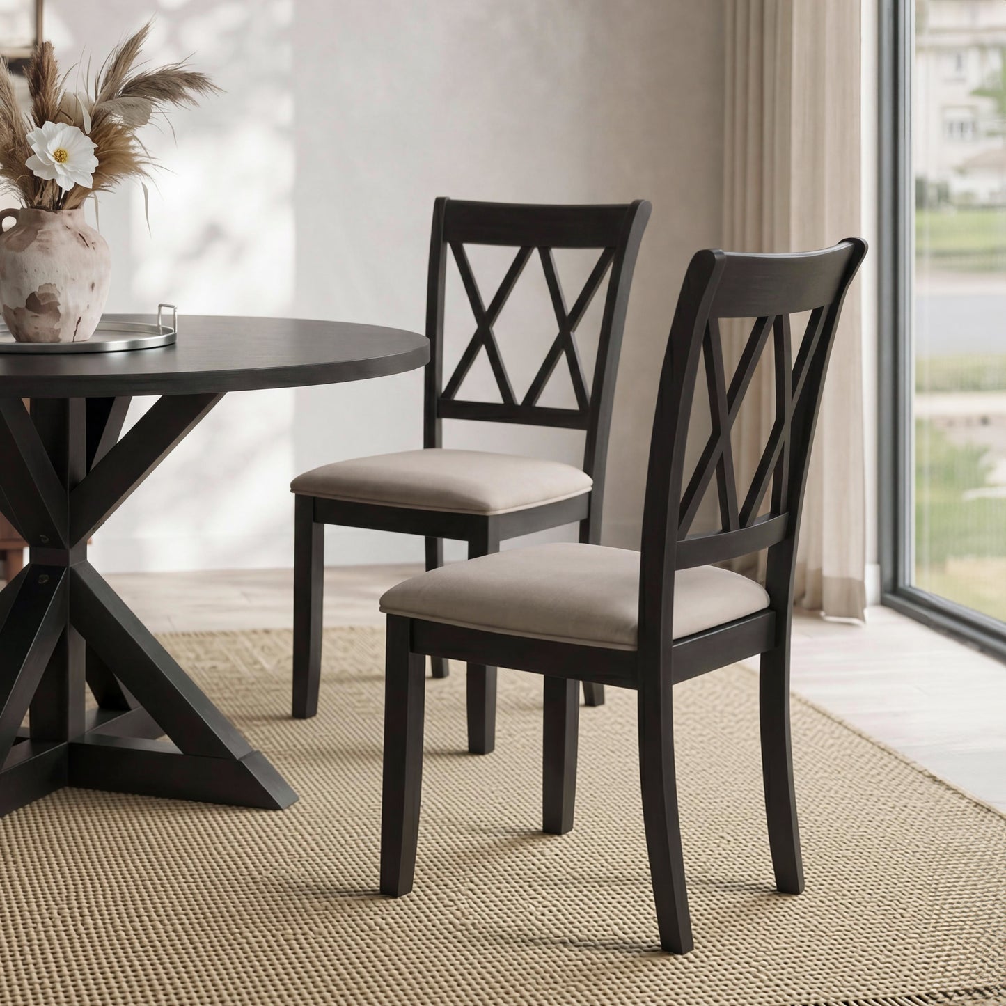 Windvale 5-Piece Dining Set, Cross-Buck Round Table with 4 Stylish Chairs