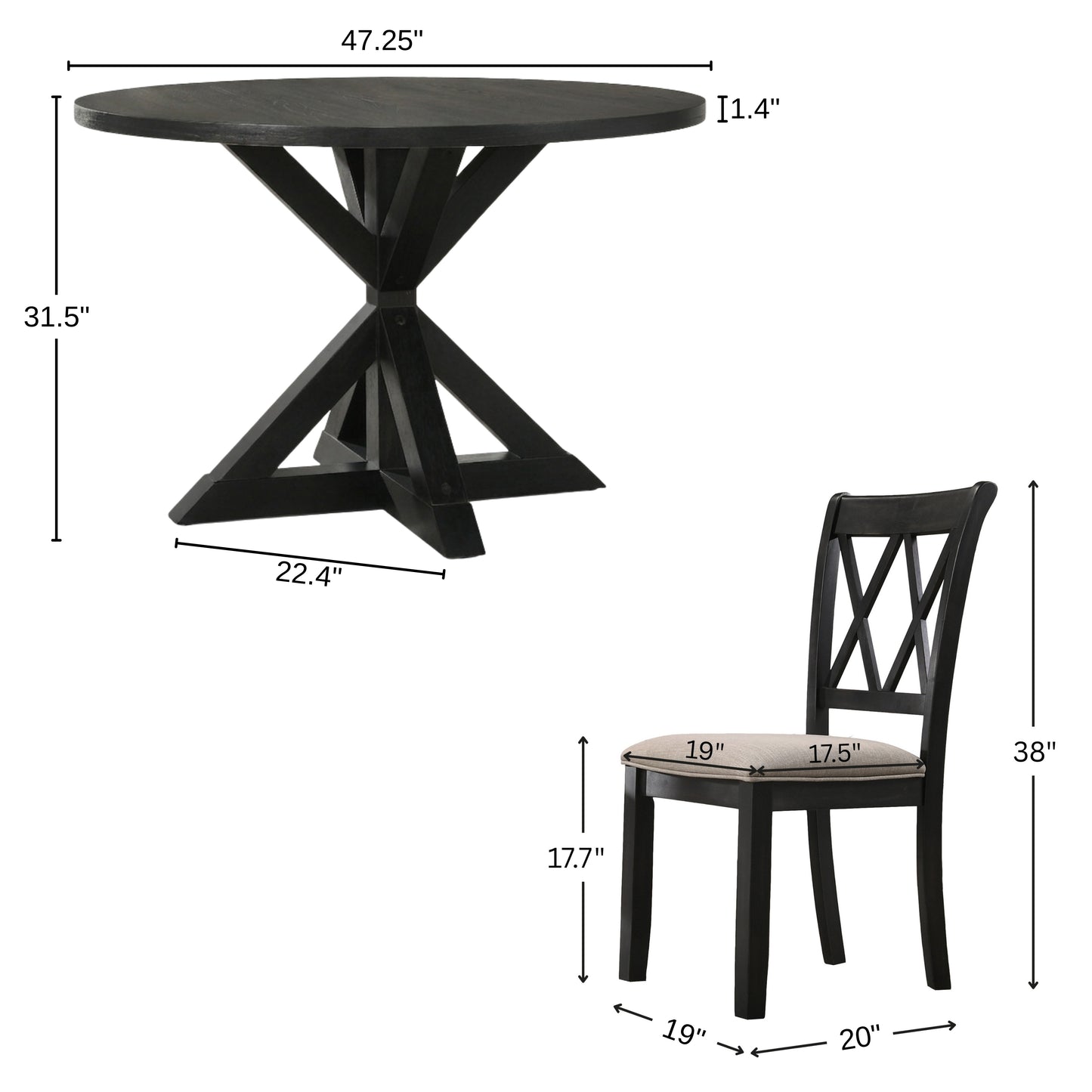 Windvale 5-Piece Dining Set, Cross-Buck Round Table with 4 Stylish Chairs