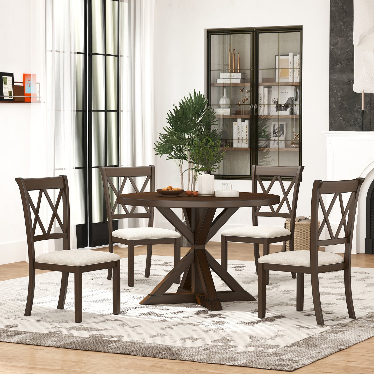 Windvale 5-Piece Dining Set, Cross-Buck Round Table with 4 Stylish Chairs