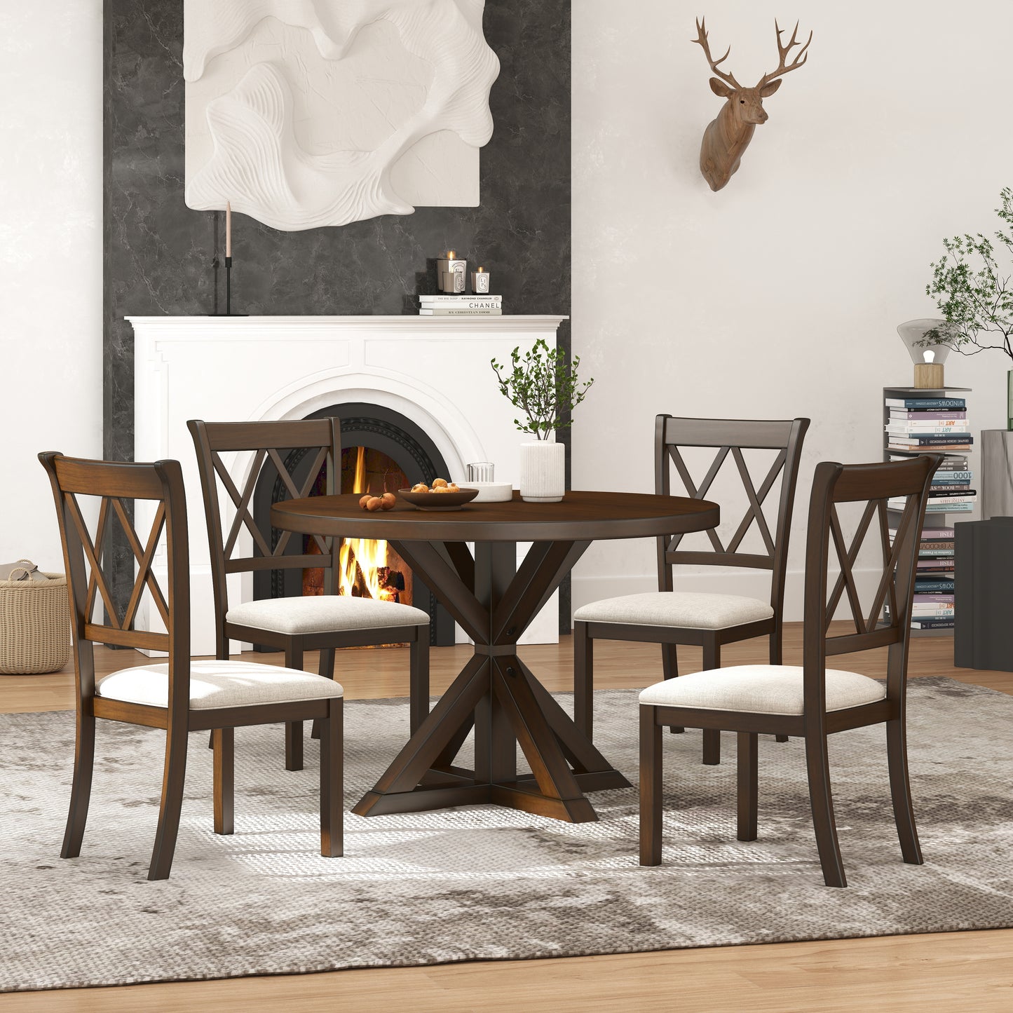 Windvale 5-Piece Dining Set, Cross-Buck Round Table with 4 Stylish Chairs