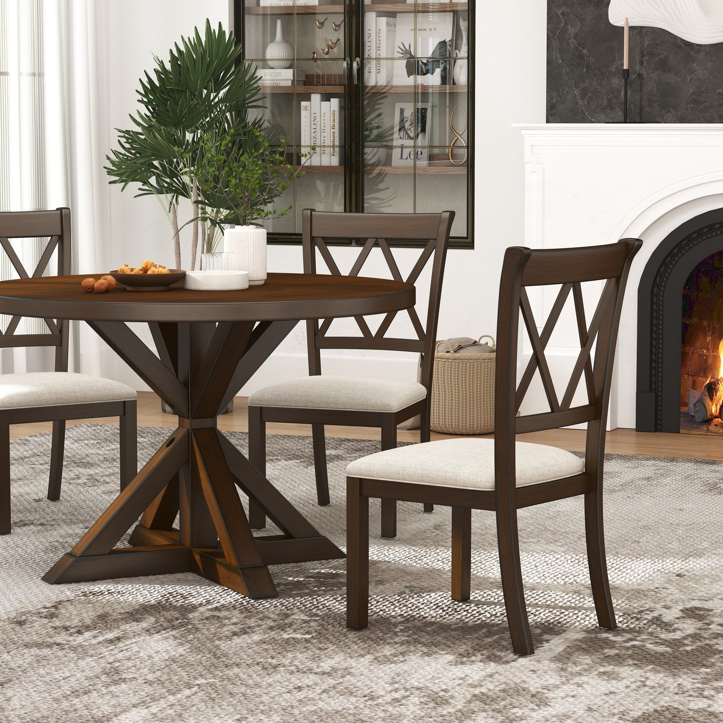 Windvale 5-Piece Dining Set, Cross-Buck Round Table with 4 Stylish Chairs