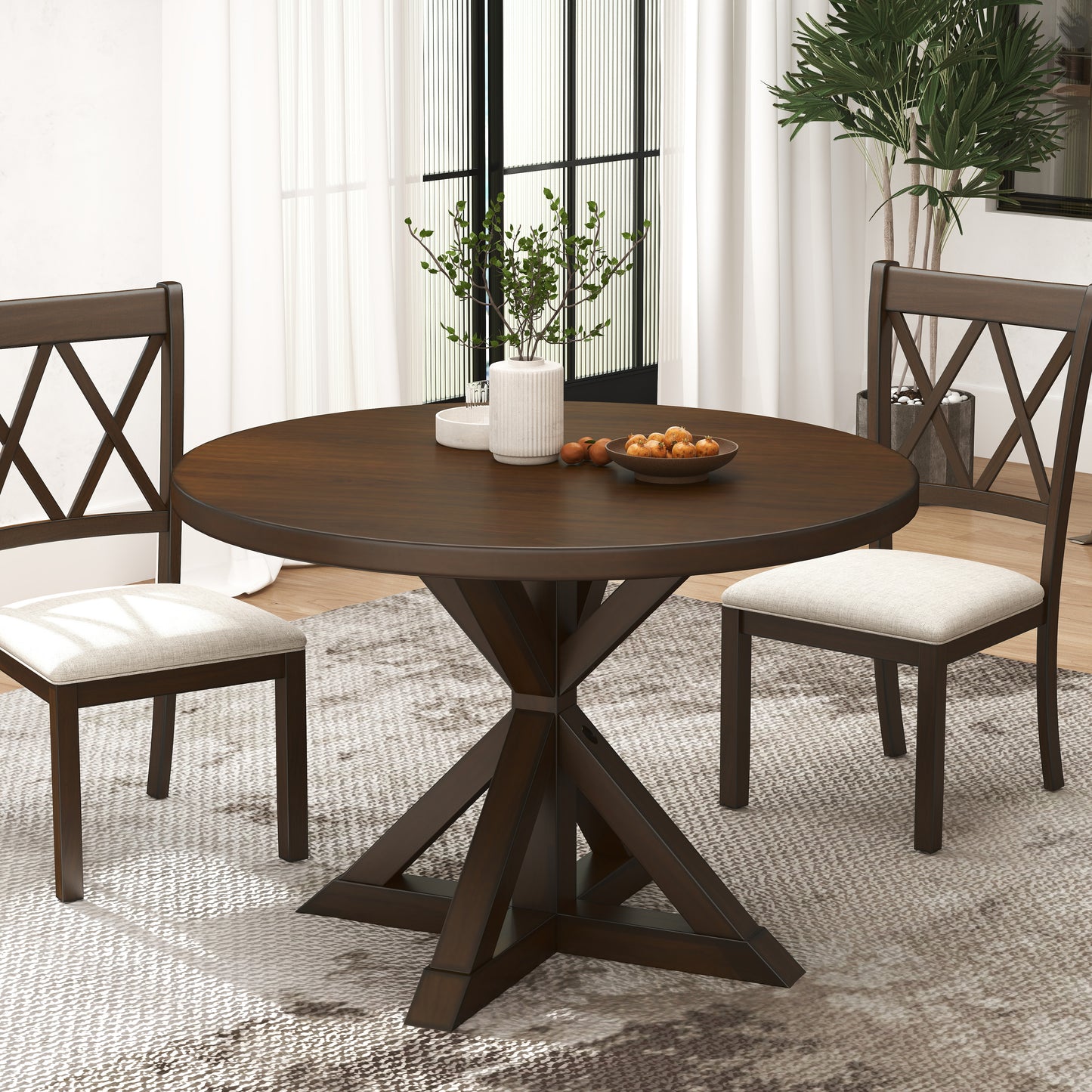 Windvale 5-Piece Dining Set, Cross-Buck Round Table with 4 Stylish Chairs