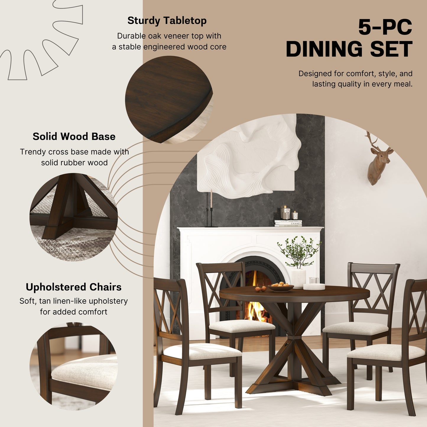 Windvale 5-Piece Dining Set, Cross-Buck Round Table with 4 Stylish Chairs